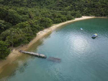Mangue Beach, Ilha Grande, Rio de Janeiro, Brezilya 'daki ahşap iskele, yeşil yağmur ormanı ve zümrüt sularının güzel hava manzarası.