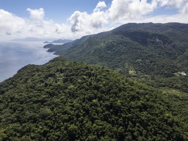 Ilha Grande, Rio de Janeiro, Brezilya 'daki yeşil yağmur ormanlarının ve okyanusun güzel hava manzarası