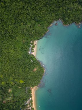 Brezilya, Rio de Janeiro, Ilha Grande 'deki yeşil yağmur ormanları ve zümrüt sularının güzel hava manzarası