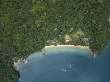 Ilha Grande, Rio de Janeiro, Brezilya 'daki yeşil yağmur ormanları plajındaki özel mülke güzel bir hava manzarası