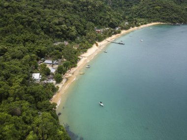 Ilha Grande, Rio de Janeiro, Brezilya 'daki yeşil yağmur ormanlarının ve zümrüt sularının güzel hava manzarası