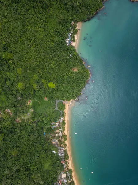 Brezilya, Rio de Janeiro, Ilha Grande 'deki yeşil yağmur ormanları ve zümrüt sularının güzel hava manzarası
