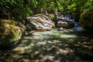 Serrinha do Alambari, Rio de Janeiro, Brezilya kristal berrak yeşil su ile güzel yağmur ormanı nehir havuzu görüntüsü