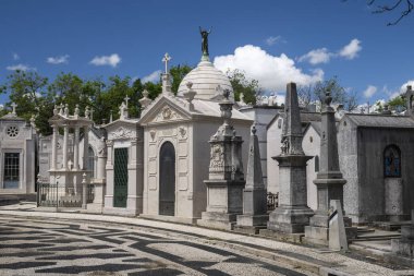 Lizbon, Portekiz 'deki tarihi mezarlıktaki beyaz mezar taşlarına bakın