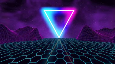 Retro futuristic background for game. Music 3d dance galaxy poster. 80s background disco. Neon triangle synthwave digital wireframe landscape with palms. clipart