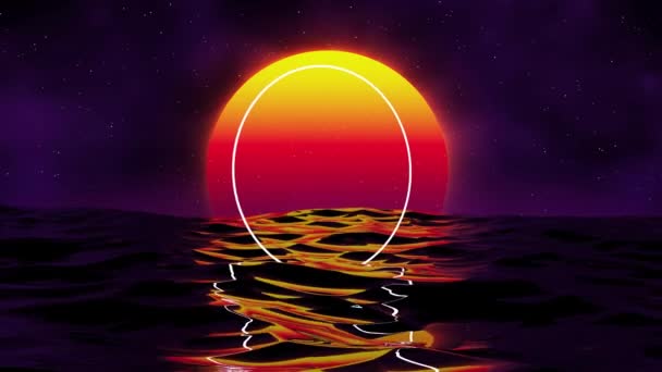 Synthwave Στυλ Ηλιοβασίλεμα Πάνω Από Ανακλαστικό Νερό Της Θάλασσας Νέον — Αρχείο Βίντεο