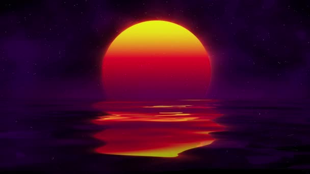 Synthwave Στυλ Ηλιοβασίλεμα Πάνω Από Ανακλαστικό Νερό Της Θάλασσας Νέον — Αρχείο Βίντεο