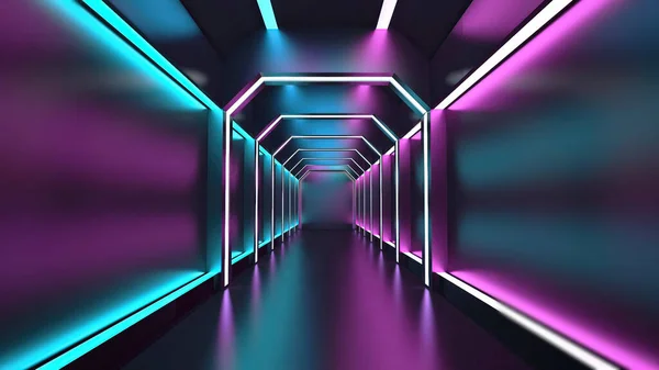 夜店室内霓虹灯 3D渲染激光表演 荧光鲜明的色彩背景 霓虹灯走廊背景 — 图库照片