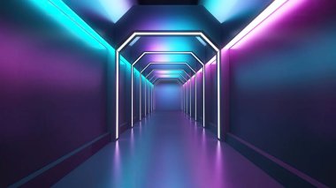 Gece kulübü iç neon ışıkları. Lazer gösterisi için 3D hazırlama. Flüoresan renkli arka plan. Neon koridor arkaplanı.