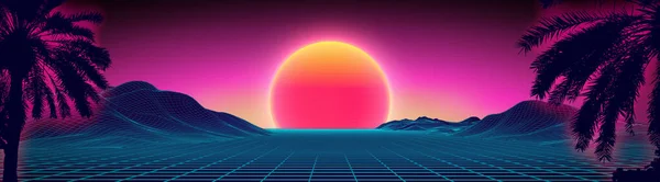Εικονογράφηση Ρετρό Ηλιοβασίλεμα Retro Παλάμες Διάνυσμα Sci Φόντο Μέλλον Φόντο — Διανυσματικό Αρχείο