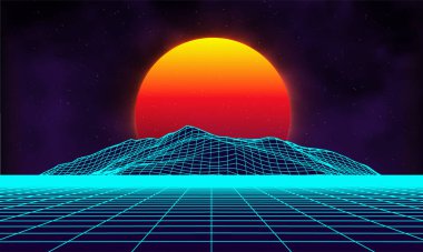 Retro background futuristic landscape 1980s style. Digital retro landscape cyber surface. Retro music album cover template sun, space, mountains . 80s Retro Sci-Fi Background Summer . clipart