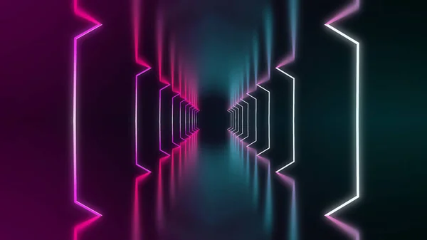 六角形霓虹灯背景为紫色蓝色 未来空间隧道照明的技术背景 — 图库照片