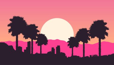 Palm Trees ve Cityscape 'in Pembe Günbatımı Silueti.