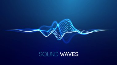 Mavi arkaplanda ses dalgaları. Eğri radyo dalgası dijital sinyali. Dijital teknoloji arka planı.