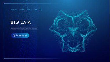 Geometrik desenler ve indirme tuşu ile mavi renkte gösterilen büyük verilerin soyut görüntülenmesi. Resim veri analizi ve teknolojik entegrasyonu vurguluyor.