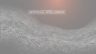 Soyut geometrik kablo kalıplarını içeren, yapay zekayı temsil eden, gri bir arkaplan ve hafif ışık efektli bir dijital illüstrasyon..