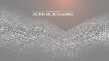 Soyut geometrik kablo kalıplarını içeren, yapay zekayı temsil eden, gri bir arkaplan ve hafif ışık efektli bir dijital illüstrasyon..