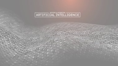 Soyut geometrik kablo kalıplarını içeren, yapay zekayı temsil eden, gri bir arkaplan ve hafif ışık efektli bir dijital illüstrasyon..