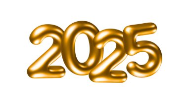 Bu görüntüde 2025 yılını temsil eden büyük, parlak, altın rakamlar yer almaktadır. Rakamlar şişirilmiş balonları andırmak ve düz siyah bir arka plana karşı durmak için stilize edilmiş. Bu grafik...