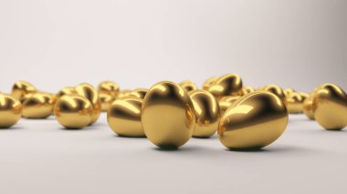 Pürüzsüz beyaz bir yüzeye saçılmış parlak altın yumurta koleksiyonu. Yumurtaların yansıtıcı yüzeyi lüks ve zarif bir his yaratıyor..