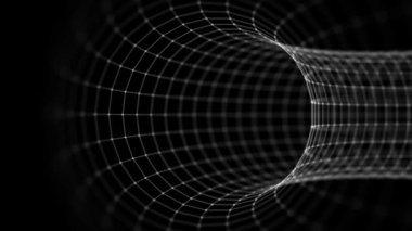 Torus benzeri bir yapı, bir tünele doğru kıvrılan ızgara hatlarıyla oluşmuş, karanlık bir arkaplan üzerine kurulmuş. Karmaşık geometri ve derinlik çarpıcı bir görsel etki yaratır..