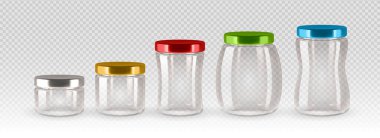 Bu resim, her birinin soldan sağa doğru artan boyutta düzenlenmiş farklı renkli kapağı olan beş şeffaf cam kavanozu tasvir ediyor. Kapakları gümüş, altın, kırmızı, yeşil ve maviyle boyanmış.