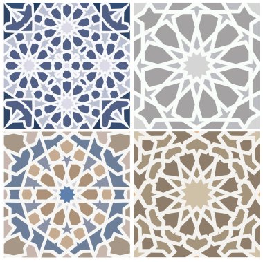 Mavi, gri ve bej renklerden oluşan dört detaylı İslami geometrik desen koleksiyonu. Simetrik tasarımlar geleneksel İslami sanat stillerini vurguluyor, arka planlar, fayanslar ve