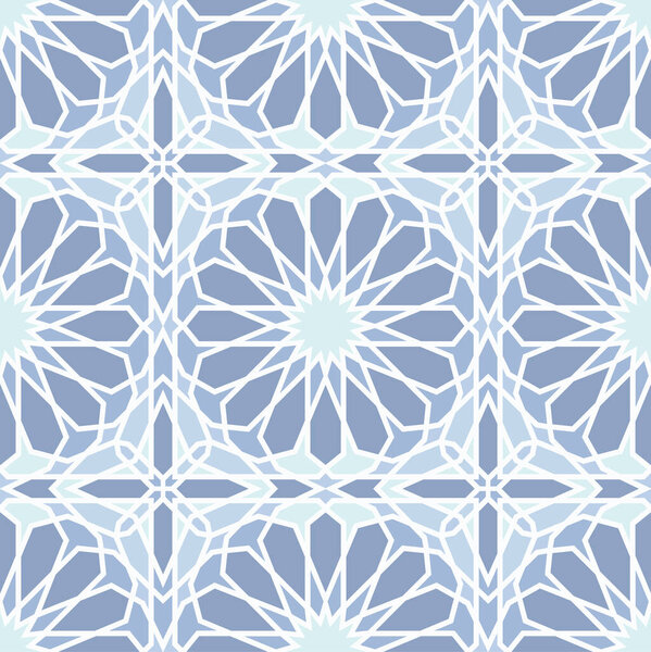 An Islamic geometric pattern in light blue with detailed star and sunburst motifs, embodying traditional symmetry and intricate design. Ideal for backgrounds, tiles, and decorative applications.
