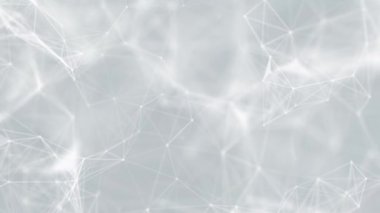 Açık gri bir arkaplan karşısında karmaşık bir ağ oluşturan, birbirine bağlı noktalardan ve çizgilerden oluşan beyaz geometrik bir ağ. Tasarım bir bağlantı ve veri görselleştirmesi hissi uyandırıyor..