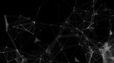 Siyah bir arkaplan üzerine kurulmuş karmaşık bir geometrik ağ. Tasarım, modern dijital yapılara odaklanarak, karşılıklı bağlantı ve veri akışını öneriyor..