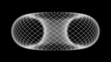 Kesişen ızgara çizgileriyle çizilmiş Torus benzeri bir şekil, detaylı bir soyut tasarım yaratıyor. Siyah arkaplan geometrik kalıpların karmaşıklığını vurgular.