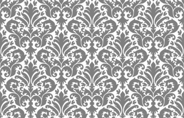 Simetrik çiçek motifleri ve dekoratif elementlerle, pürüzsüz ve zarif bir desen oluşturan gri tonda damaske tasarımı..