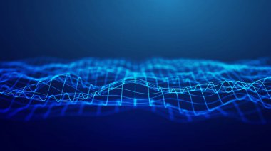 Bu resim, çerçeveye yayılan parlak mavi bir ızgara dalgasını, soyut ve modern bir teknolojik tasarım oluşturarak gösteriyor. Dalga hareketleri karmaşık çizgiler ve kıvrımlar gösterir.