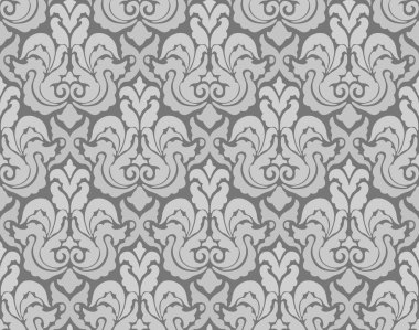 Süslü ve simetrik desenli yumuşak gri tonlarda, klasik ya da modern dekor için ideal, pürüzsüz bir ipek desen..