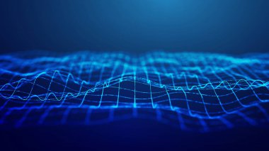 Blockchain teknolojisini ve merkezi olmayan veri akışını temsil eden parlak ızgaraların yer aldığı fütüristik bir dijital ağ görselleştirmesi, gradyan mavi arkaplan üzerine kurulmuştur. Gösteriş için ideal