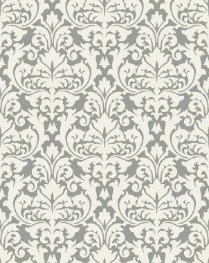Yumuşak gri renkte, zarif çiçek ve süs simetrisi olan, klasik veya modern dekorlar için mükemmel, kusursuz bir damaske tasarımı..