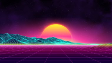 Canlı bir retro-gelecekçi dijital manzara. Neon ızgarası ve parlak bir günbatımı var. Siber punk ve gelecek tasarım projeleri için mükemmel..
