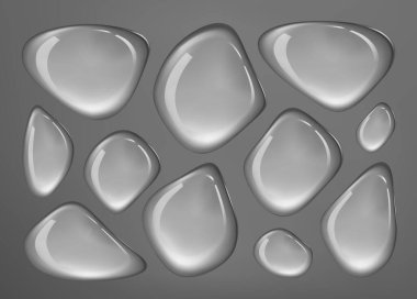 Bu görüntü, dijital arkaplanlar için parlak ve yansıtıcı bir yüzey sunan gri arkaplan üzerindeki şeffaf su damlacıklarının gerçekçi bir dokusunu içerir..