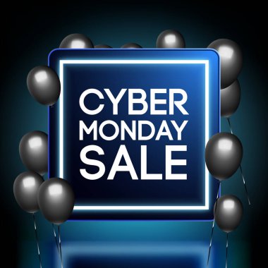 Siyah balonların ve koyu arkaplanda neon mavi bir sınırın yer aldığı Siber Pazartesi satışı için dijital bir pankart. Çevrimiçi alışveriş promosyonları ve e-ticaret pazarlaması için ideal.