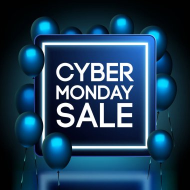 Mavi balonlu ve neon sınırlı modern bir Siber Pazartesi indirimi, online alışveriş promosyonları ve e-ticaret tatil satışları için mükemmel..