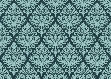 Su ve deniz mavisi tonlarında güzel işlenmiş bir damaske deseni, tekrarlayan düzende süslü çiçek motifleri, duvar kağıtları ve tekstil için canlı ama klasik bir estetik ideal yaratıyor..
