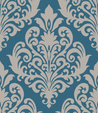 Simetrik bir düzende kalın süslemeli, canlı mavi ve beyaz bir kumaş deseni. Bu desen klasik dekoratif elementleri vurgular geleneksel dekor ve tarz için mükemmeldir