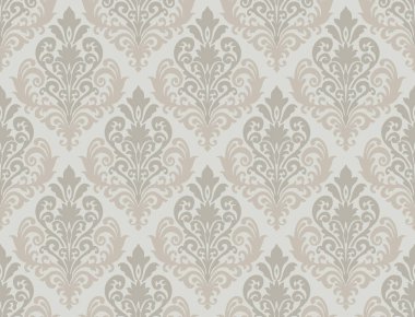 Yumuşak beyaz bir arka planda karmaşık çiçek unsurlarıyla bej ve gri renkte bir kumaş deseni. Bu tasarım, çok yönlü dekor için uygun nötr renk şeması ile klasik bir görünüm yakalar