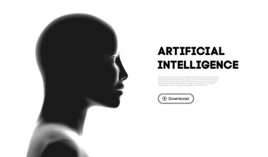 Yapay zekayı temsil eden bir insan siluetini içeren minimalist dijital bir illüstrasyon, temiz ve siyah beyaz bir dizaynda geçiyor. Teknoloji ve Al temalı projeler için ideal.