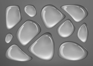 Gri arka planda izole edilmiş parlak, şeffaf su damlacıklarının minimalist tasarımı, soyut ve modern dekoratif amaçlar için idealdir..