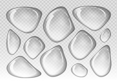 Şeffaf ve kareli bir arkaplanda izole edilmiş parlak su damlacıkları koleksiyonu, çok yönlü tasarım uygulamaları için gerçekçi bir etki sunar.