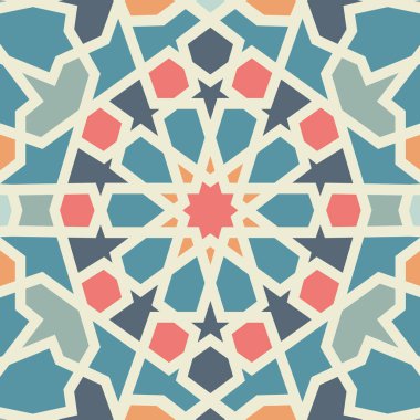Detaylı simetrik yıldız şekillerine ve pembe, mavi ve bej tonlarında karmaşık tasarım elementlerine sahip bir İslami geometrik desen, canlı renkler ve kültür mirası sergiliyor..