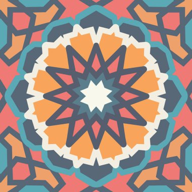 Merkezi bir yıldız patlaması motifine sahip, turuncu, pembe ve mavi tonlarda karmaşık simetrik detaylarla çevrili bir İslami geometrik tasarım geleneksel sanatı vurguluyor..