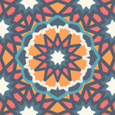 Çarpıcı bir İslami geometrik tasarım cesur bir merkezi yıldız patlaması motifi ve sıcak turuncu ve pembe renklerde karmaşık çokgen desenler içerir..