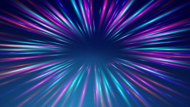 Işık ışınlarının çok renkli renklere sahip fütüristik patlaması, canlı ve dinamik bir görsel etki sunar..